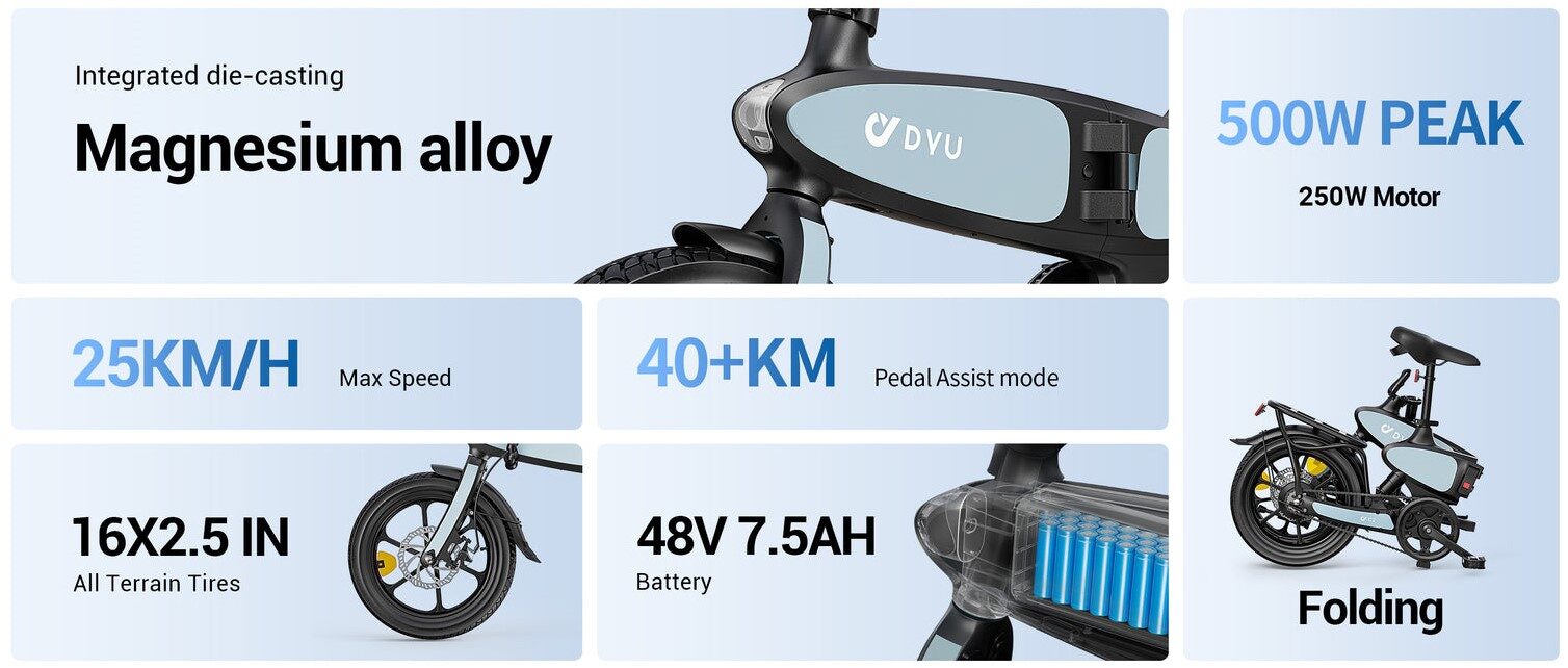 DYU C2 16-calowy składany rower elektryczny – 250W, 48V 7,5Ah, 40 km zasięgu 23 DYU C2 16-calowy składany rower elektryczny – 250W, 48V 7,5Ah, 40 km zasięgu 12