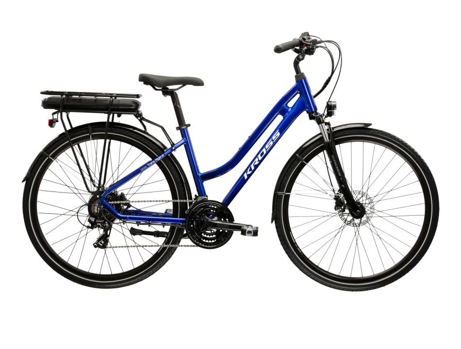Kross Trans Hybrid 345 – Trekkingowy e-rower 345 Wh, niebiesko-biały połysk